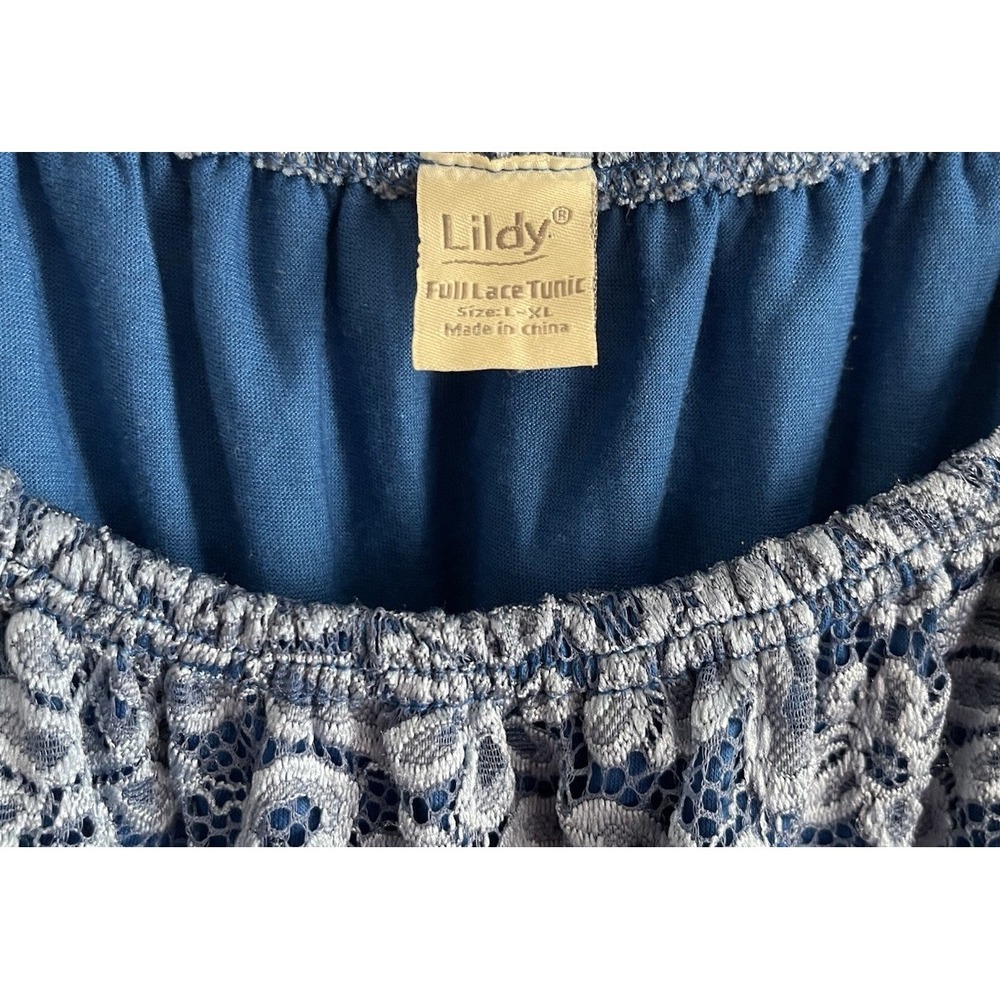 Lildy Women Sz XL Full Lace Tunic Blue Floral 3/4 Bell Sleeve Lined Blouse boho - Picture 7 of 7